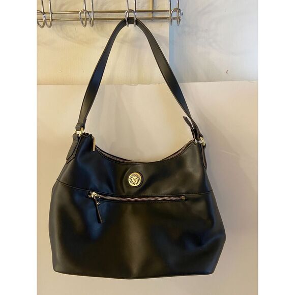 Anne Klein Handbags - AK Anne Klein Black Leather Shoulder Bag 14x9" 2 zippers